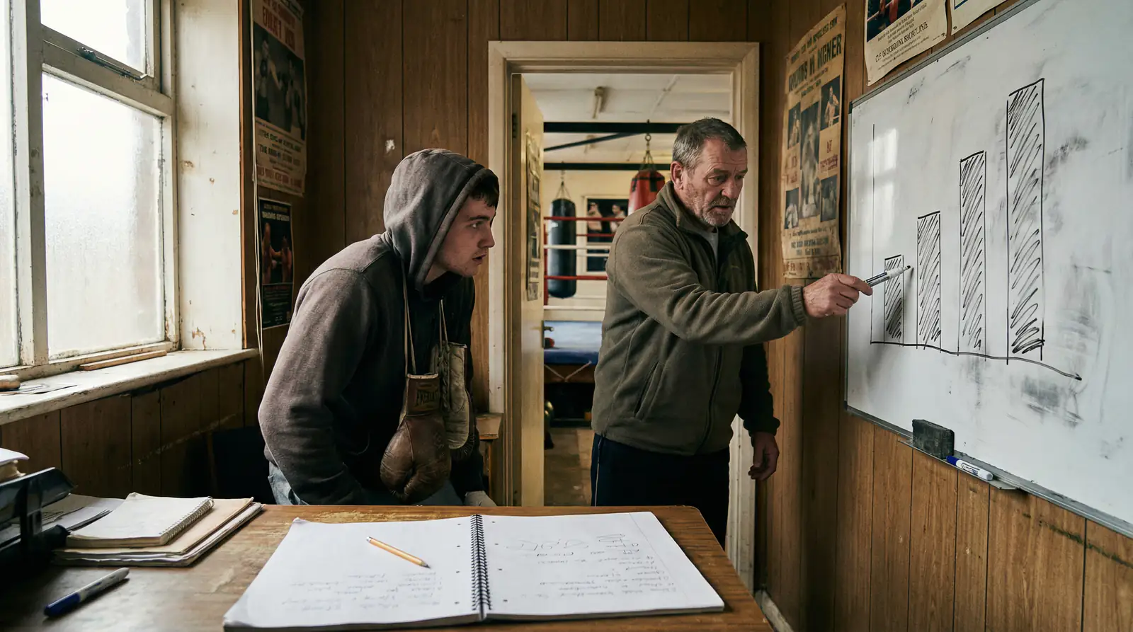 Boxen Quoten Analyse – Trainer und Boxer besprechen Kampfstrategie am Whiteboard